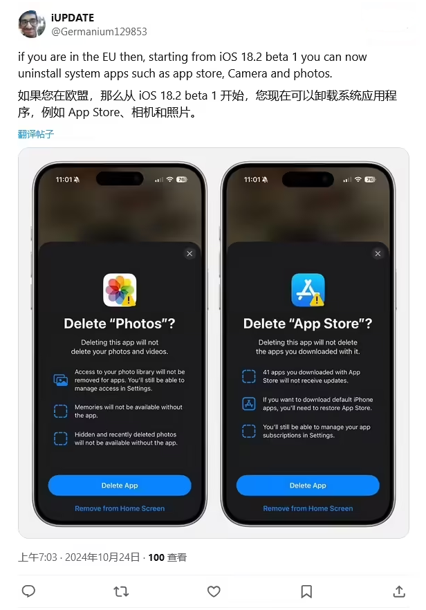 淄博苹果手机维修分享iOS 18.2 支持删除 App Store 应用商店 