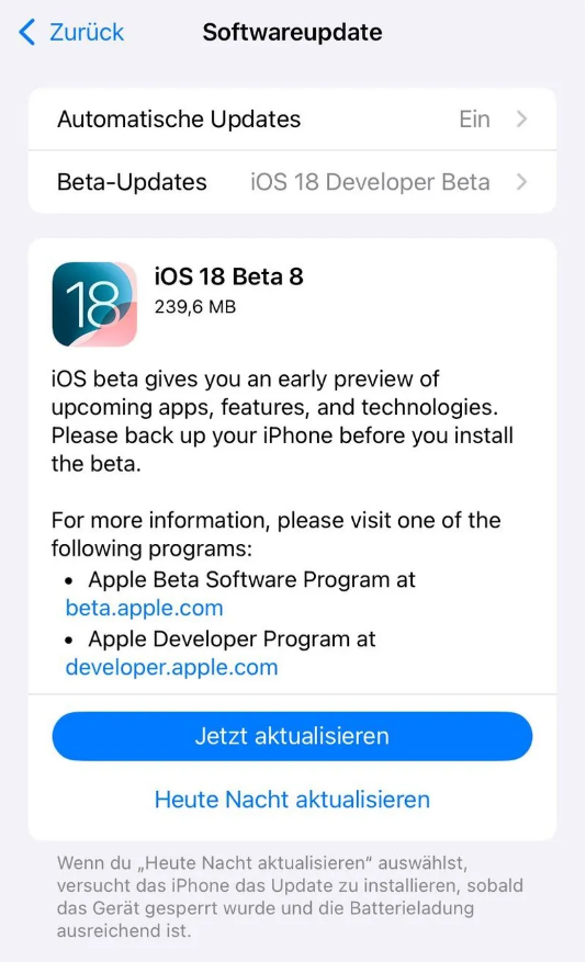淄博苹果手机维修分享苹果 iOS / iPadOS 18 开发者预览版 Beta 8 发布 